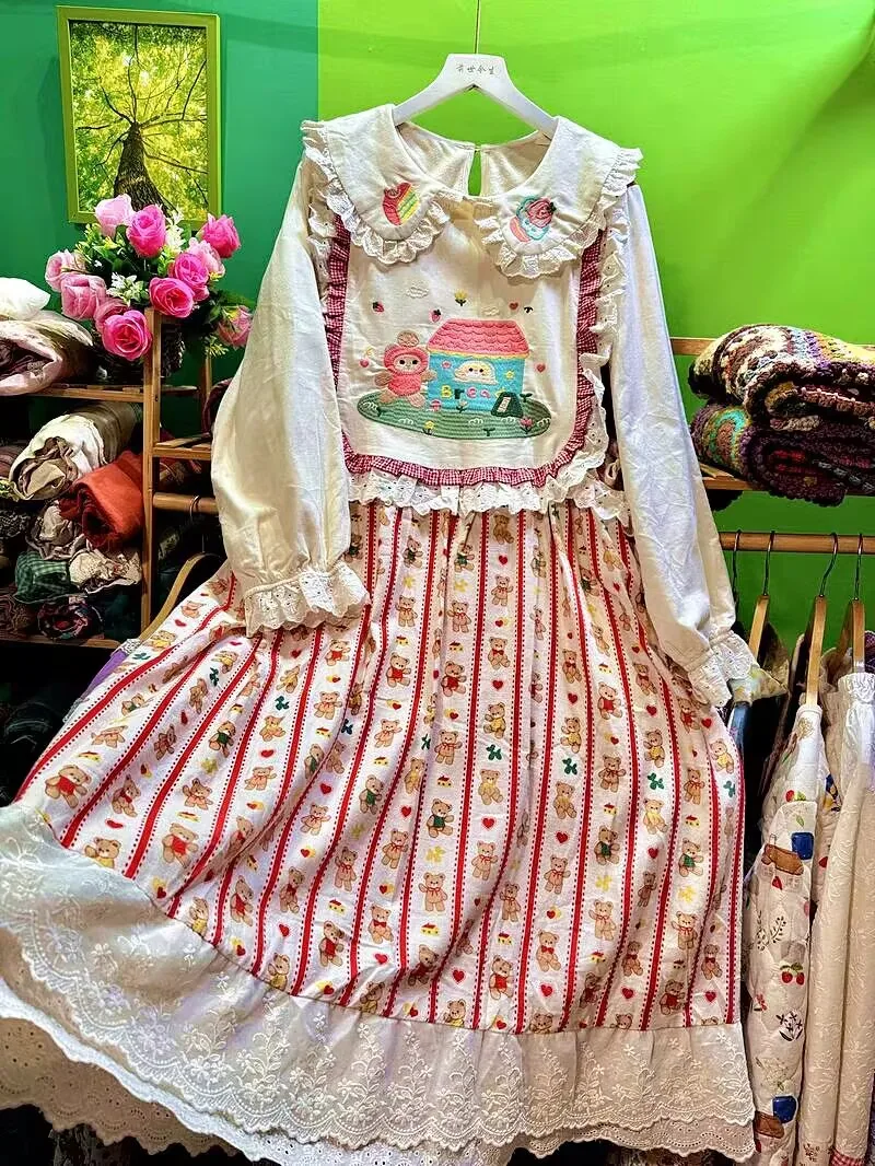 Фото Женское флисовое платье с кружевными вставками в стиле Mori Girl, Harajuku, Cottagecore, Goblincore, Shabby Chic, Kawaii, Lolita, вельветовое платье №1