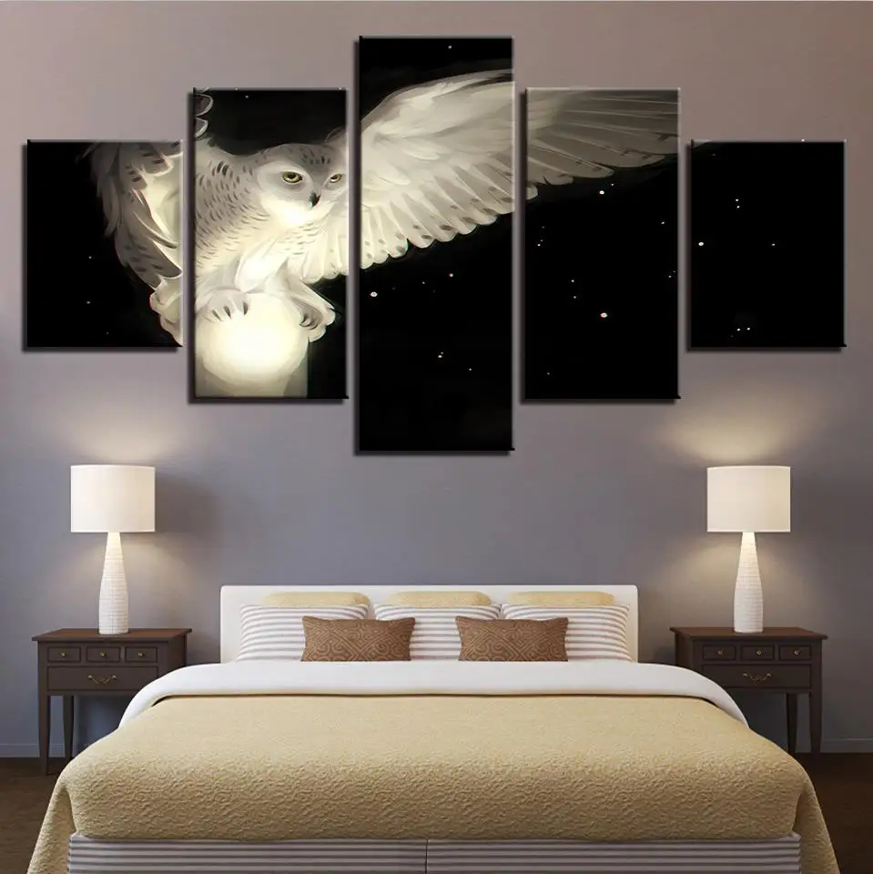 

Modern Wall Art Painting 5 Pieces White Owl Poster Decoration Home Living Room HD Printed Animal Picture On Canvas (No Frame)