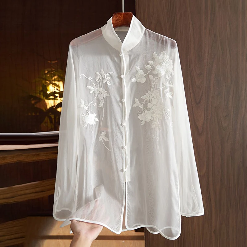 Женская шелковая рубашка с вышивкой Eugen новинка 2024 китайский тонкий