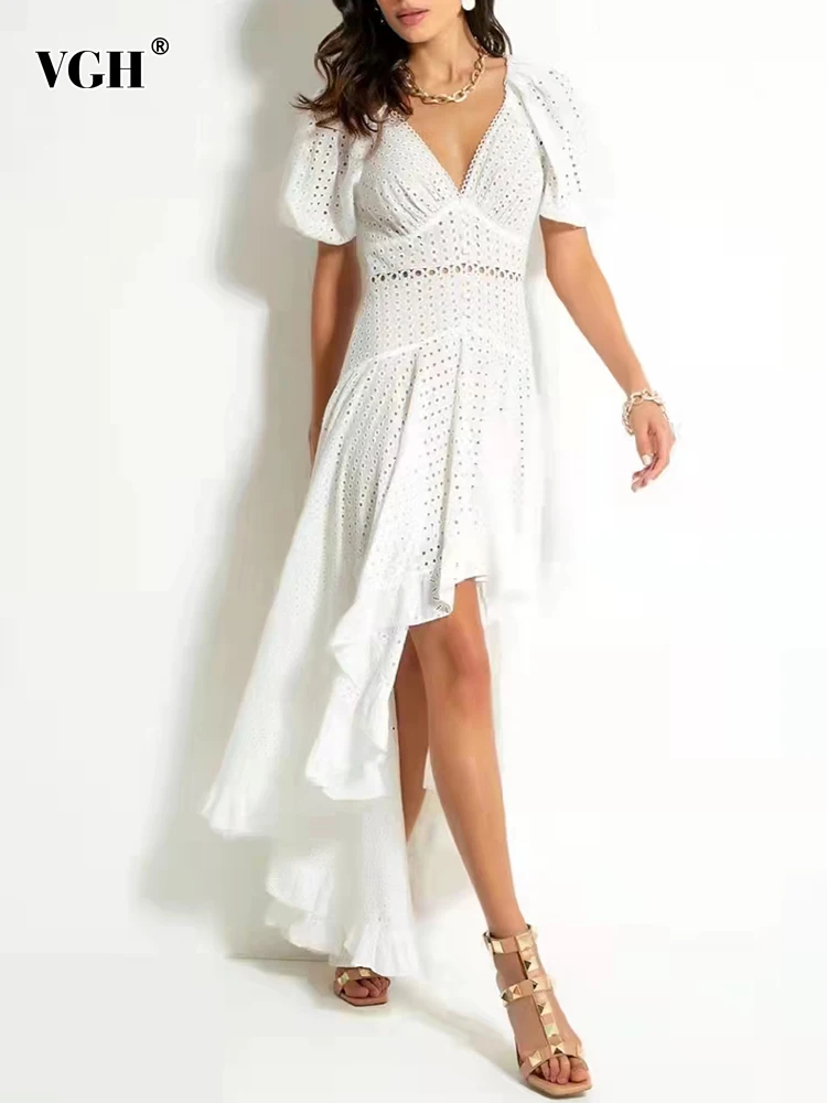

VGH Sexy Plain Dress For Women V Neck Short Sleeve High Waist Asymmetrical Hem Casual Dresses Female 2022 Summer Fashion Clothes