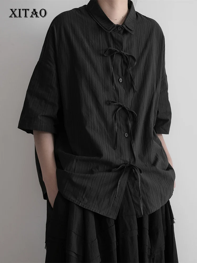 

XITAO Casual Shirt Solid Color Lacing Bow Splicing Single Breasted Top 2022 Summer New Loose Women Simplicity All-match WMD6512