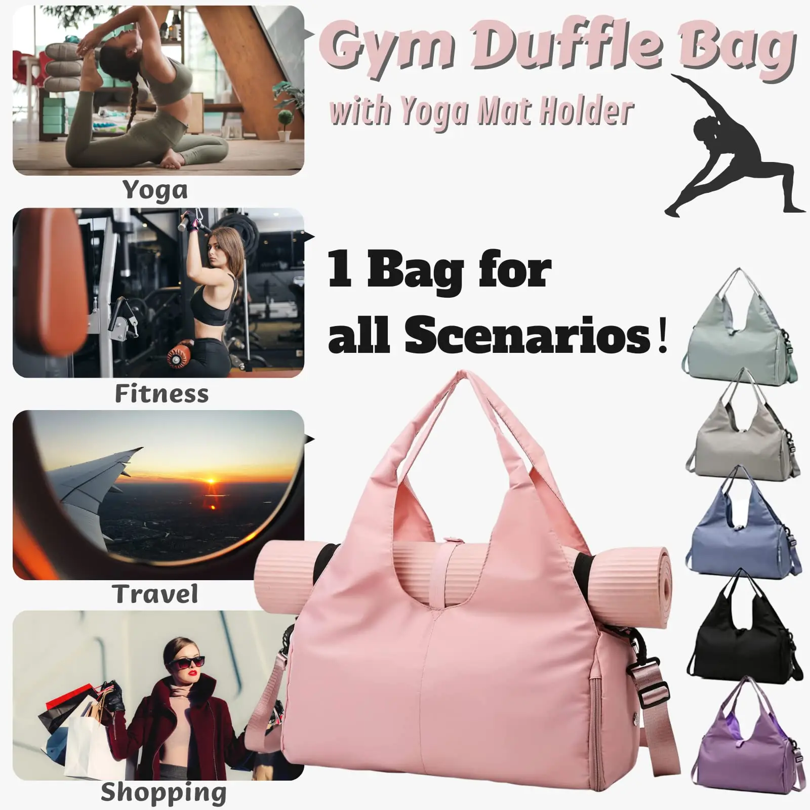 Women Yoga Gym Bag Oxford Cloth Travel Tote Bag with Wet Dry Pockets Shoe Mat Towels Water Bottle Organizer Bags