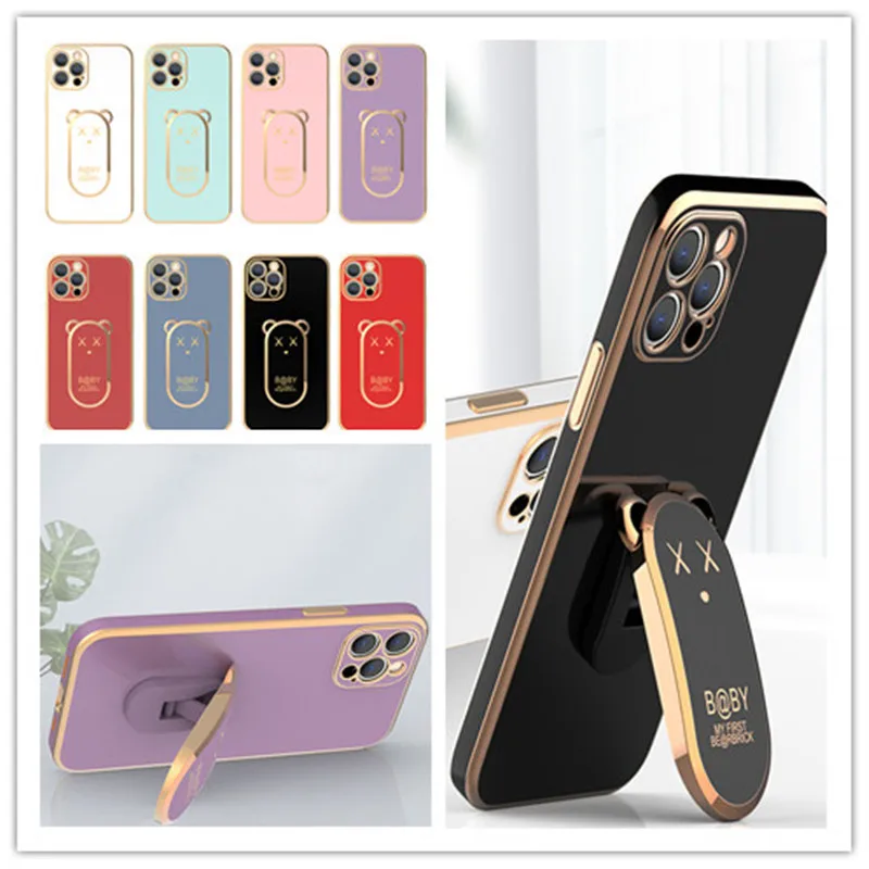 

Cute Cartoon Bear Bracket Solid Color Soft Shell Protective Phone Case Cover for IPhone 11 12 13 MiNi Pro XS MAX XR X 8 7 6 Plus