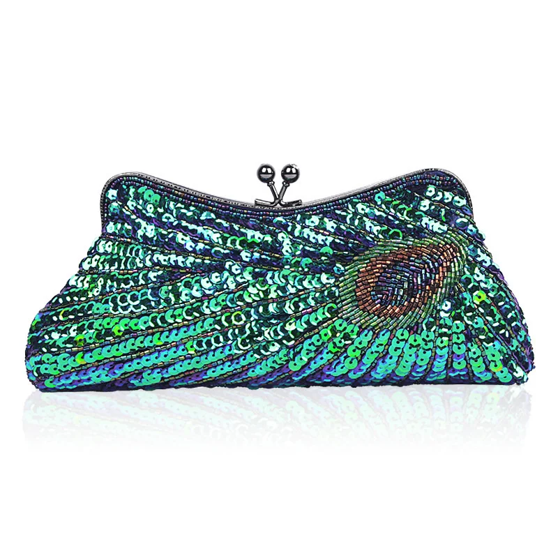 

Vintage Luxury Women's Evening Bag Handmade Beaded Bling Sequin Peacock Ladies Day Clutches Wedding Party Prom Handbags Purses