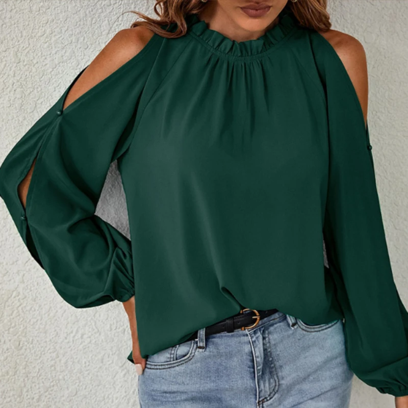 

Long Sleeve Women Chiffon Blouse Off Shoulder Stand Collar Fashion Green Lady Tops Ruffle Casual Shirts Women's Clothing 24406