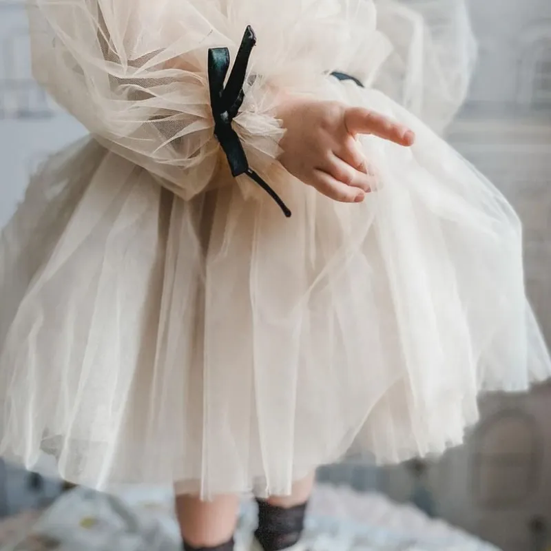 Baby Girl Princess Off Shoulder Tutu Dress Long Sleeve Child Vintage Gauze Tulle Vestido Party Wedding Birthday Frocks 1-14Y images - 6