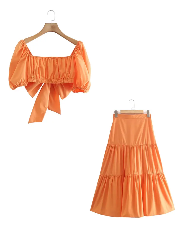 

Nlzgmsj ZBZA Women 2022 Summer Spring Woman Skirts Set Printed 2 Piece Sets Orange Blouse + Loose Skirt Sets Female 202203