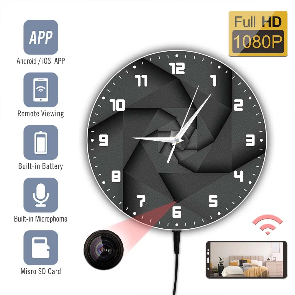 

3D Vortex Style Printed Wall Clock With 1080P HD Wifi IP Camera Home Security Wall Clock Surveillance Video Recorder Nanny Cam