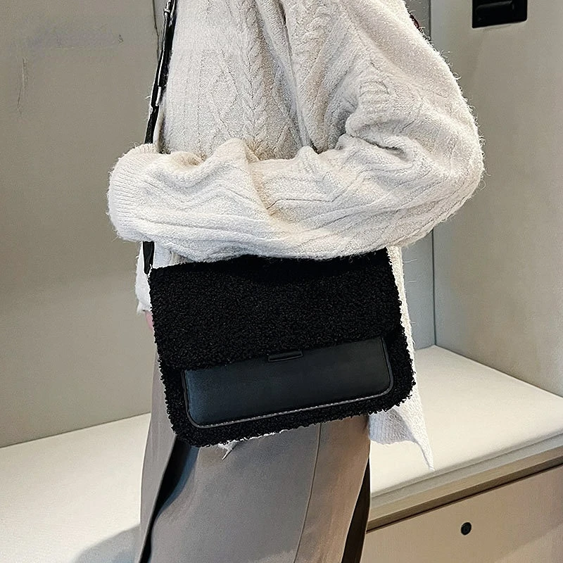 JIN MANTANG New Winter Wool Shoulder Bag Plush Messenger Bags for Women Brand Designer Handbags and Purses Ladies Crossbody Bag