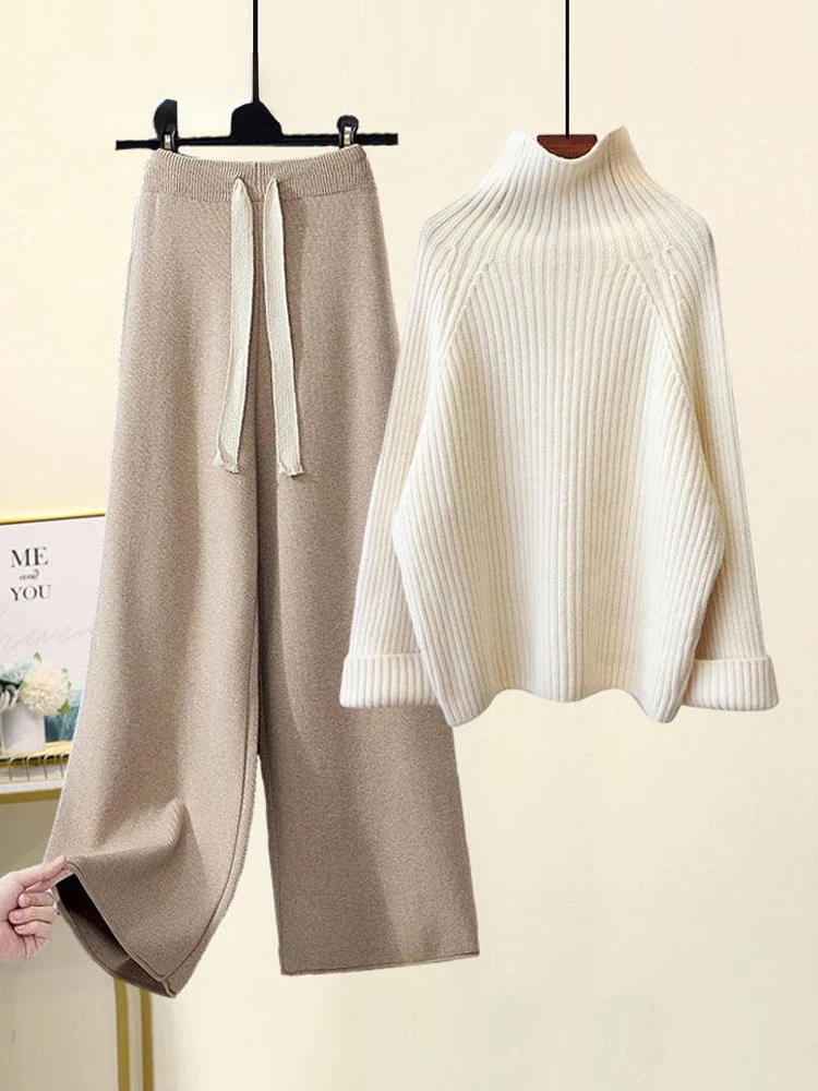 

New High Quality Winter Warm Two Piece Sets Womens Outfits Knitted Half Turtleneck Sweater + Wide Leg Pants Women's Tracksuit