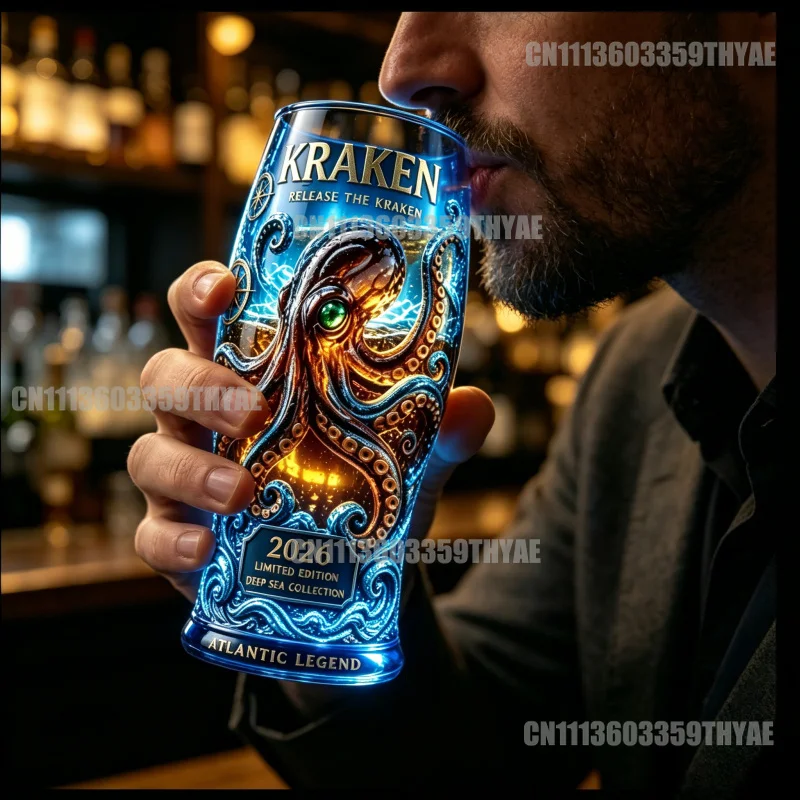 Фото Стеклянный стакан Kraken Atlantic Legend 2026 Limited Edition, синий, с принтом глубоководного осьминога, для коллекционеров и любителей бара №1