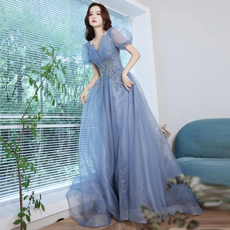 

Blue Women Embroidery Formal Party Long Dress Puff Sleeves Celebrity Banquet Gown V Neck Vestidos De Festa Maxi Dresses Skirt