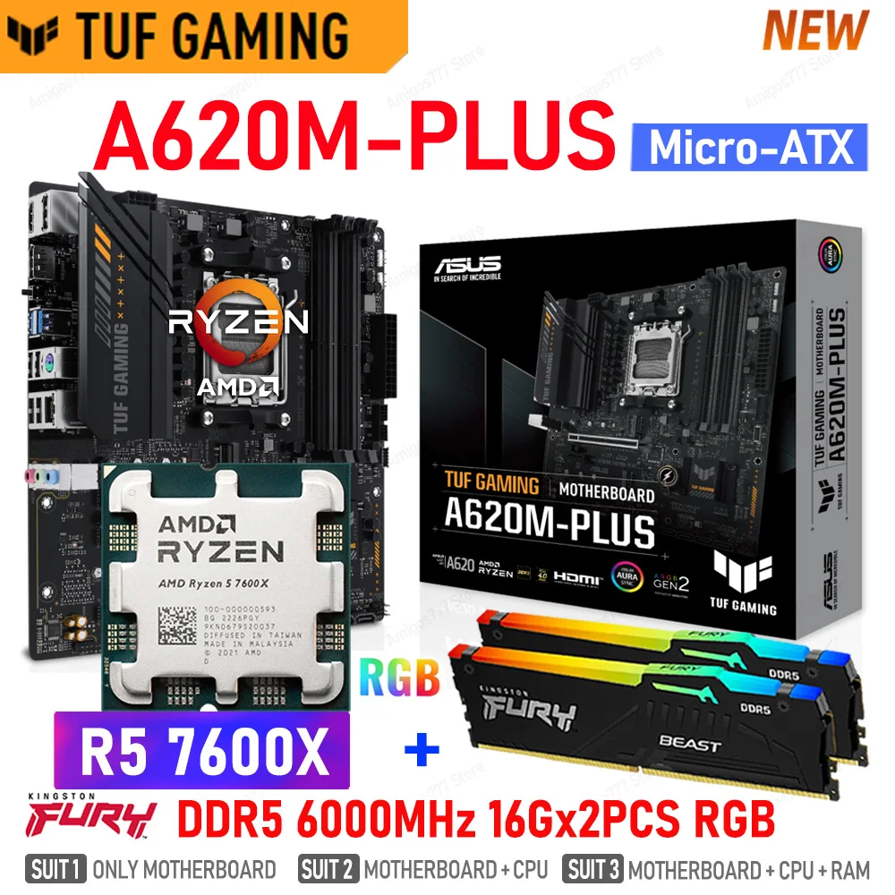 AMD AM5 R5 7600X CPU + ASUS TUF GAMING A620M PLUS материнская плата подходит для ОЗУ Kingston DDR5 5600 МГц 16 ГБ * 2 шт. RGB EXPO OC Gamer DIY A620 Игровая материнская плата Ryzen 5 7600X A620 с памятью DDR5