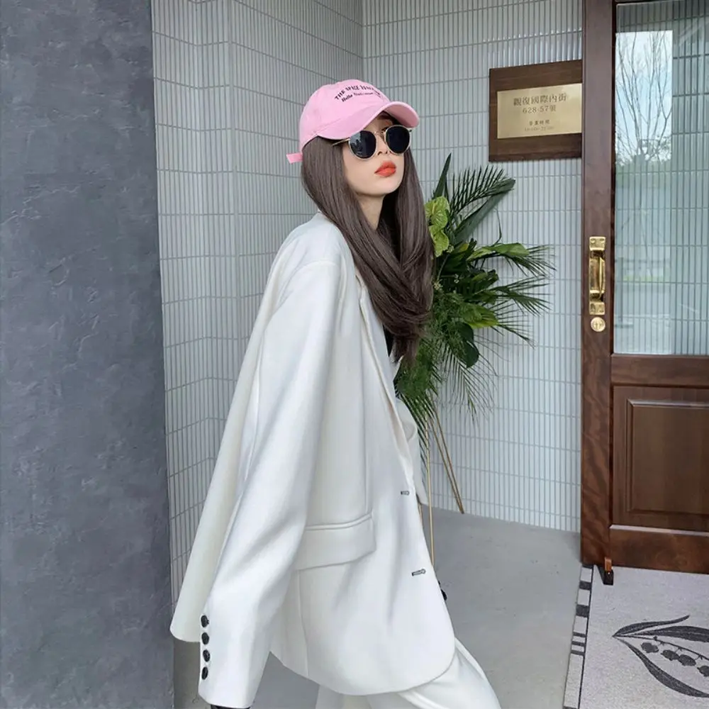 Women Pant Sets Office Lady White Blazer Suits Traf 2023 Female Long Sleeve Fashion Loose Coat+High Waist Wide Leg Trousers