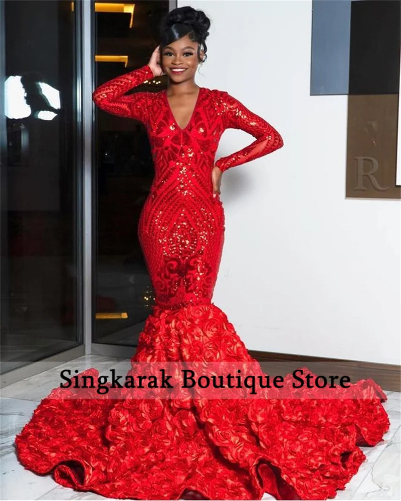 

Sparkly Sequined Mermaid Red Prom Dresses 2023 Long Sleeves Formal Party Gowns Ruffle Train Evening Dress Robe De Bal
