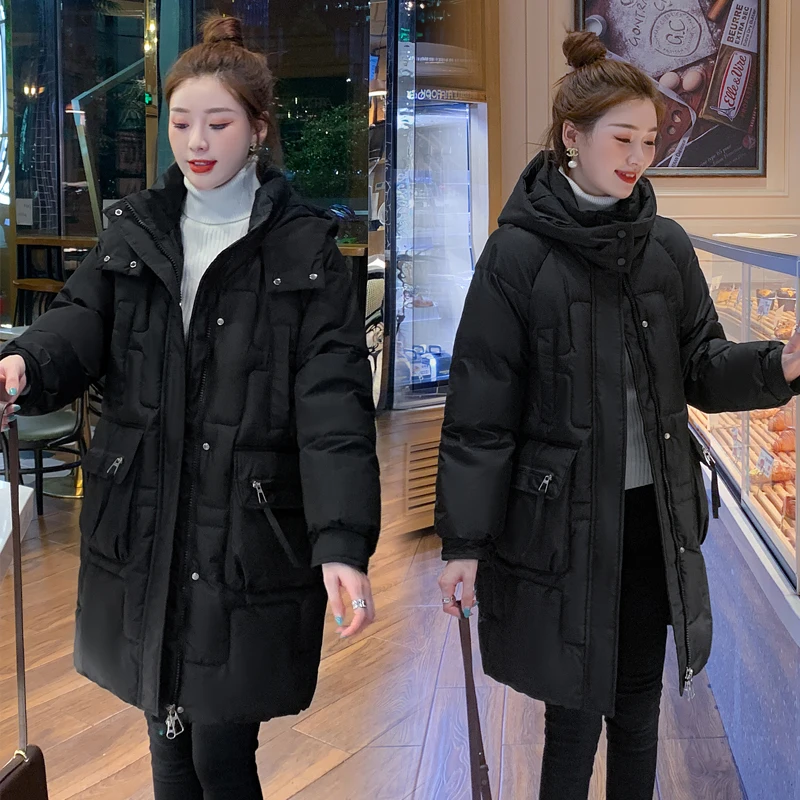 Korean Winter Women Mid-long Parkas Jackets Casual Pockets Thick Warm Hooded Loose Coat Female Winter Outwear Windproof Parkas