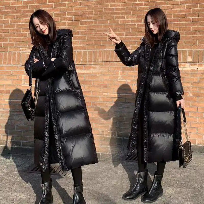 Parkas Women Polished Black down Cotton Jacket Long below Knee Thickening Loose Cotton Jacket Coat Women Winter Coat Women