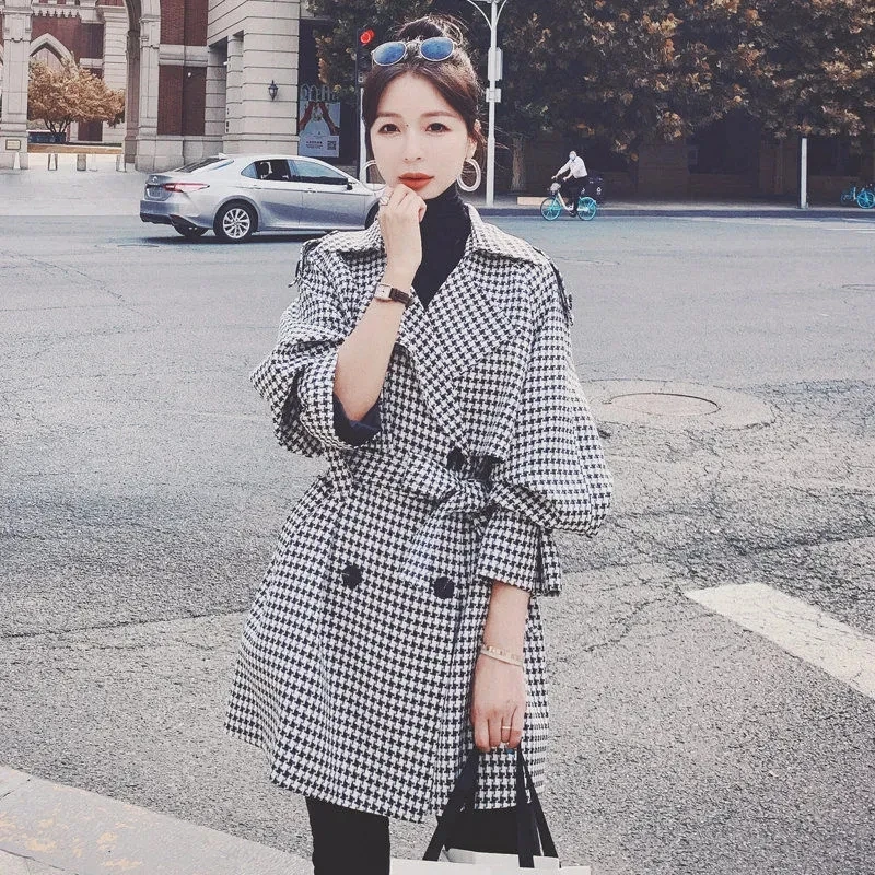 

Women Trench Coat Elegant Black White Plaid Sashes Outerwear Spring Long Sleeves Office Casaco Feminino Fashion Windbreaker