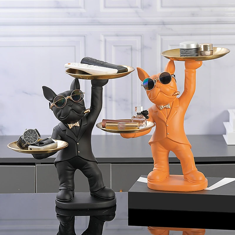 

Bulldog Statue Room Interior Decoration,Animal Sculpture Home Decor with 2 Metal Tray Bulldog Figurines Table Ornament