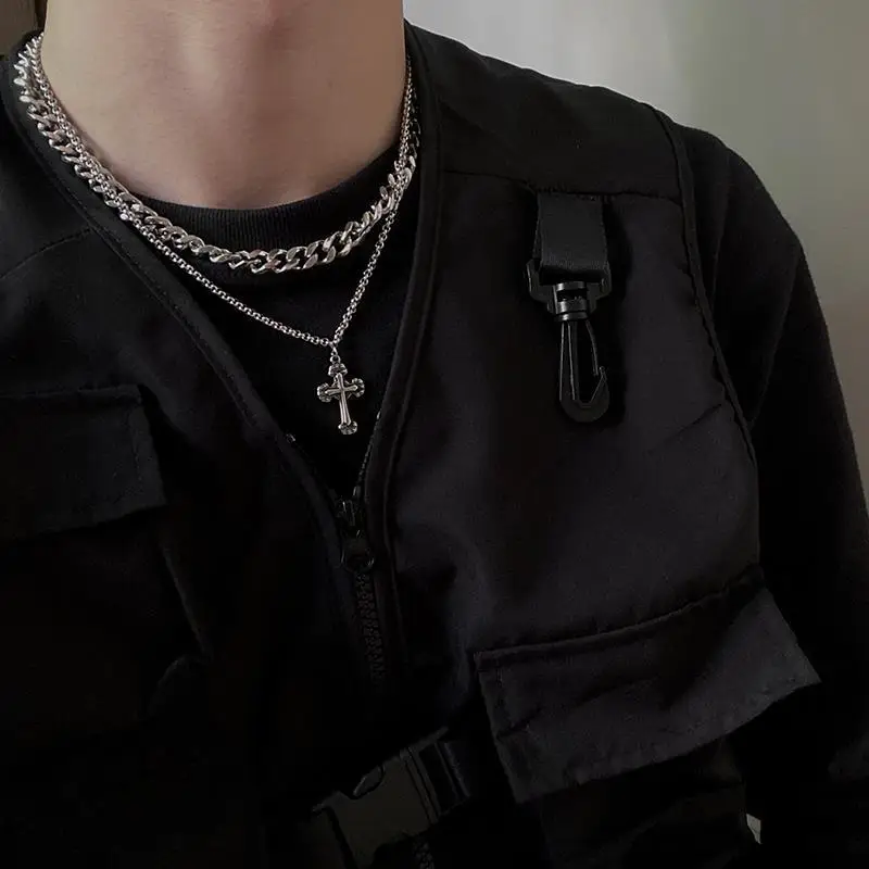

Double Necklace Men's Tide High Street Hip-hop Hiphop Tide Men's Collarbone Chain Silver Cuban Chain Necklace Men's Decoration