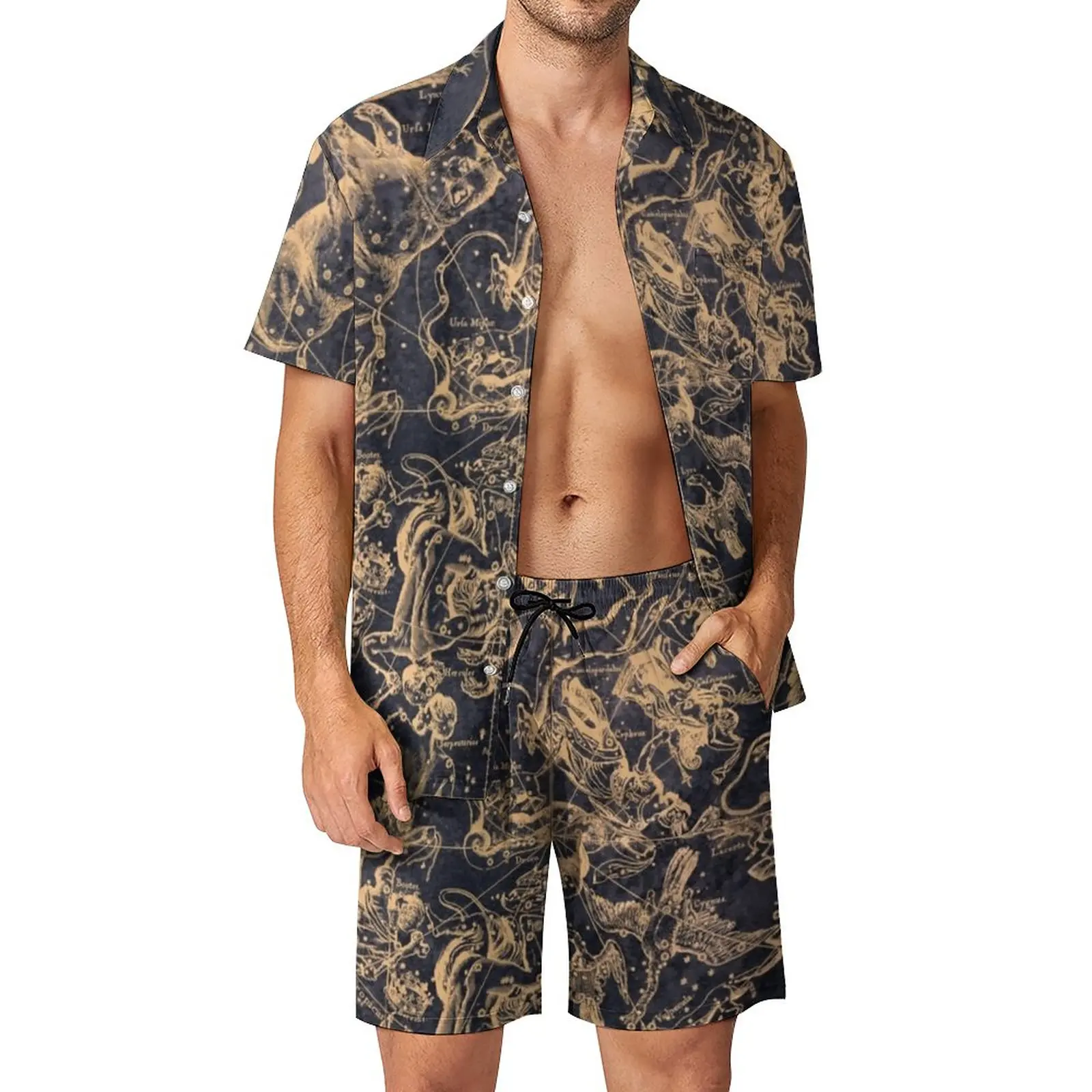 

Vintage Map Men Sets Constellations and Astrological Casual Shirt Set Trending Beach Shorts Summer Custom Suit 2 Piece Clothes