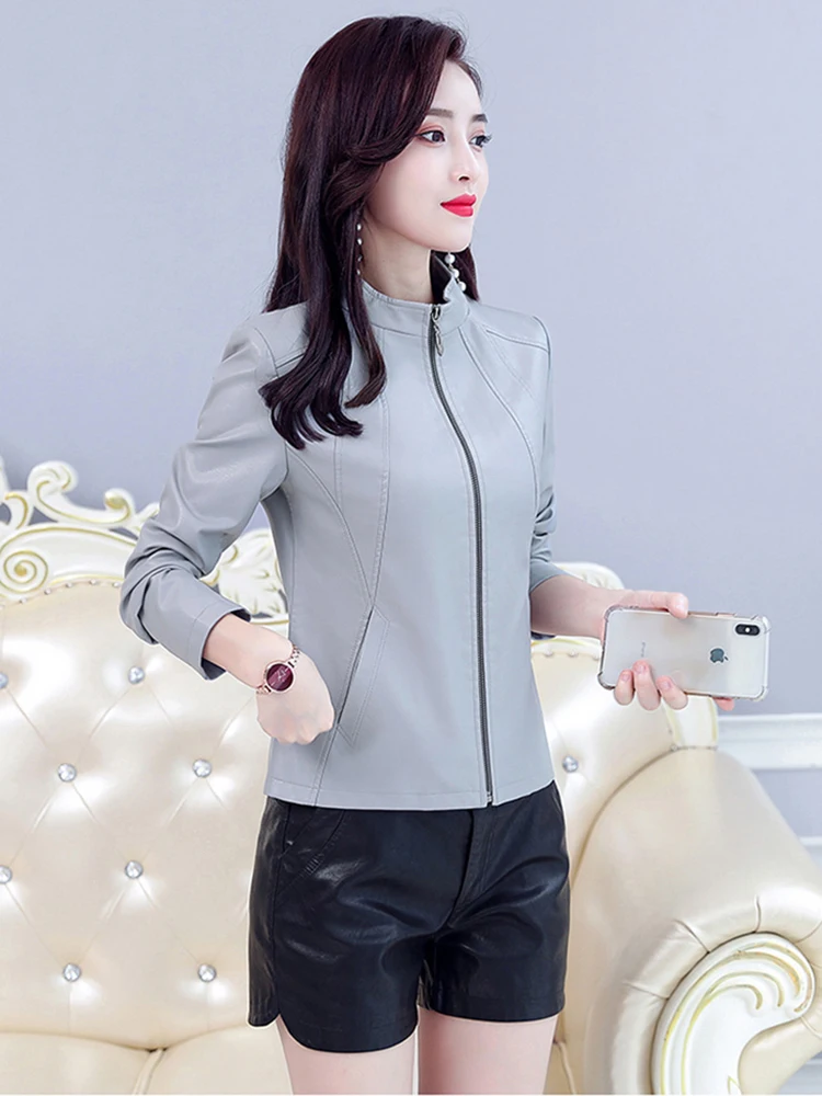 New Women Leather Jacket Spring Autumn Fashion Small Stand Collar Slim Sheepskin Short Coat Split Leather Outerwear Streetwear