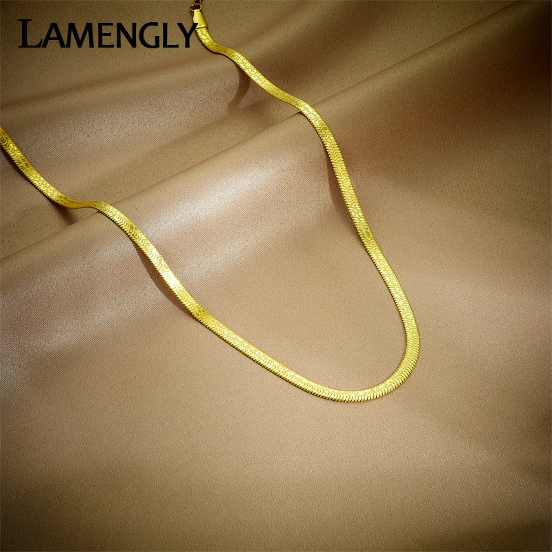 

LAMENGLY 316L Stainless Steel Gold Color Flat Snake Bone Chain Necklace For Women New Trend Girls Clavicle Choker Jewelry Gifts