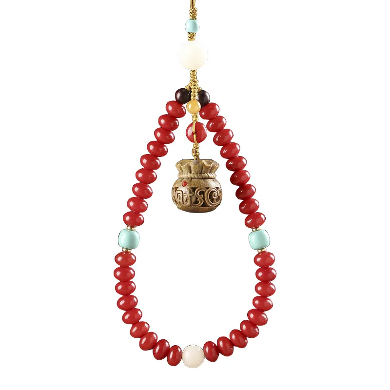 

Mobile phone pendant creative plant color bodhi root mobile phone chain sandalwood carving lucky bag sachet short wrist lanyard