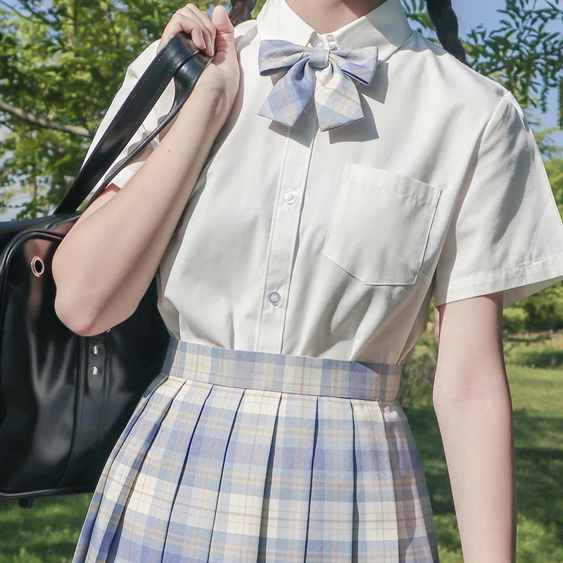 

Women Summer Blouses Shirt Short Sleeve Solid White Tops with Tie Bow Japanese Korean JK Style Female Shirts Lapel Blusas #38