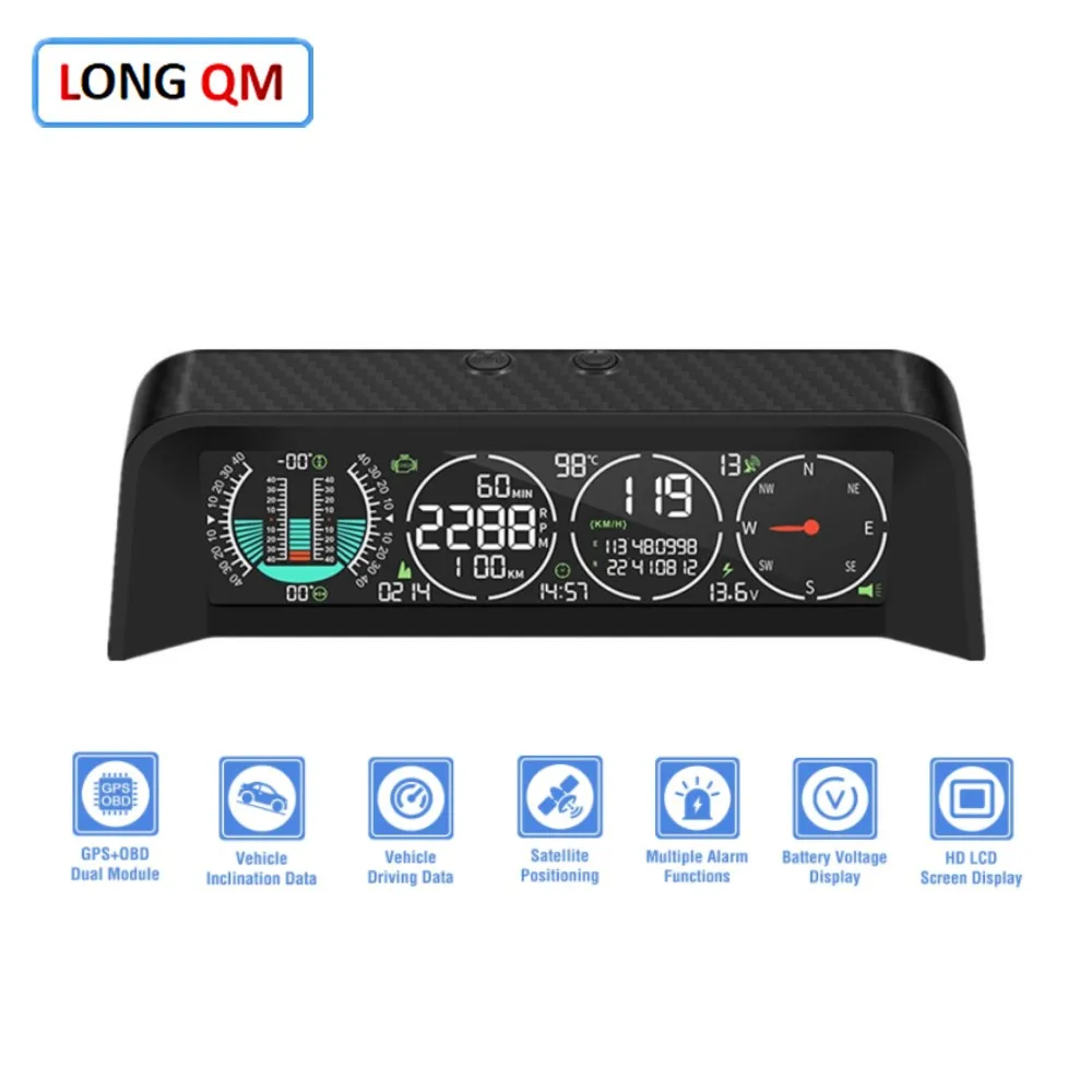 Slope Meter HUD GPS Roll Angle Pitch Angle Speedometer For All Cars Motorcycle Speed Compass LCD Screen Display Head Up Display