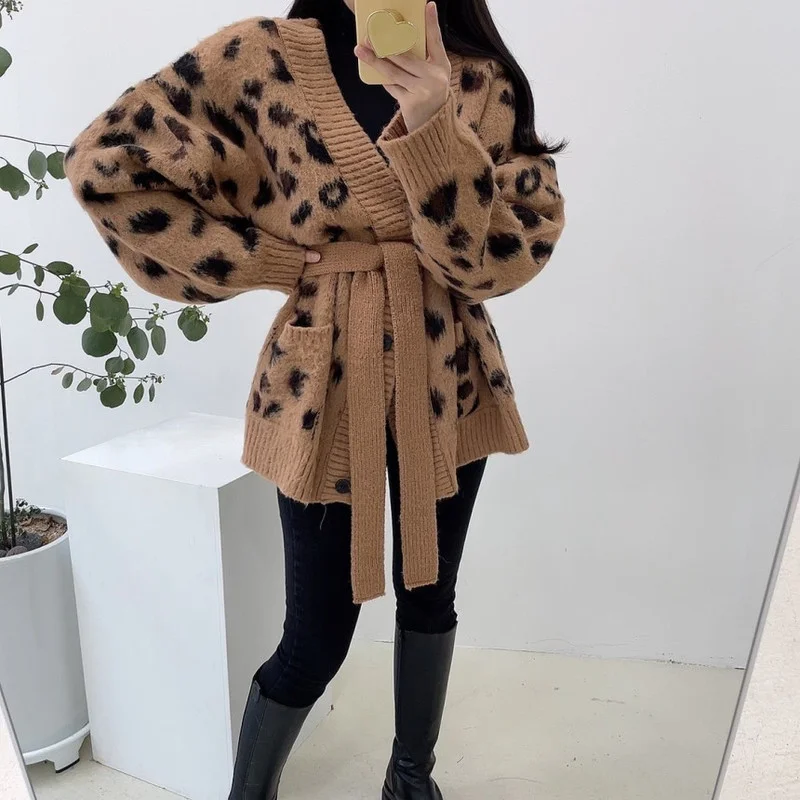Женский однобортный Кардиган с леопардовым принтом повседневная мягкая теплая