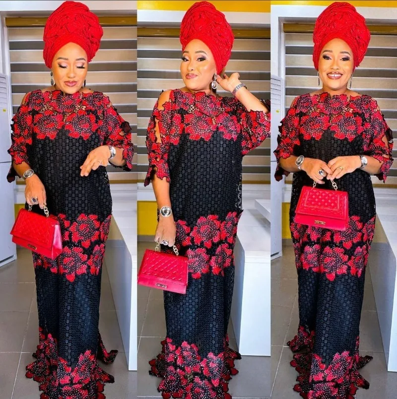 

Африканские платья для женщин, Элегантное летнее Африканское кружевное платье из полиэстера с рукавом 3/4 и круглым вырезом, искусственное платье макси, африканская одежда