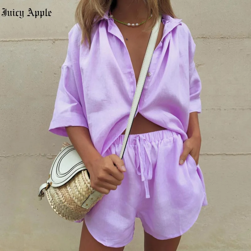 

Juicy Apple 2022 Women Tracksuit Casual Streetwear Purple Half Sleeve Button-DownHigh Shorts and Top Set for Waisted Two Piece