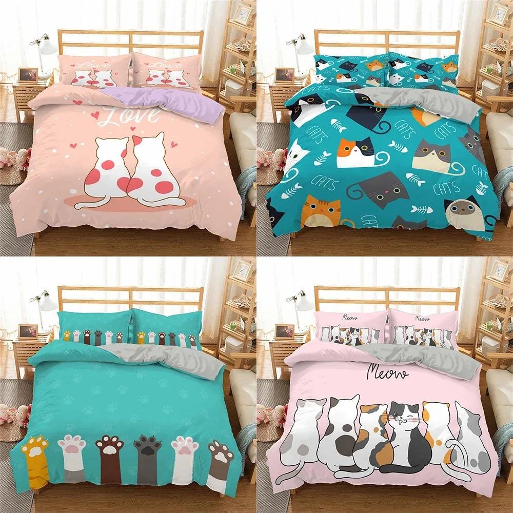 

HD Digital Print Cartoon Cats Bedding Sets 3D Duvet Cover+ Pillowcase 2/3pcs Single Twin Queen King Bed Set US/AU/EU Size