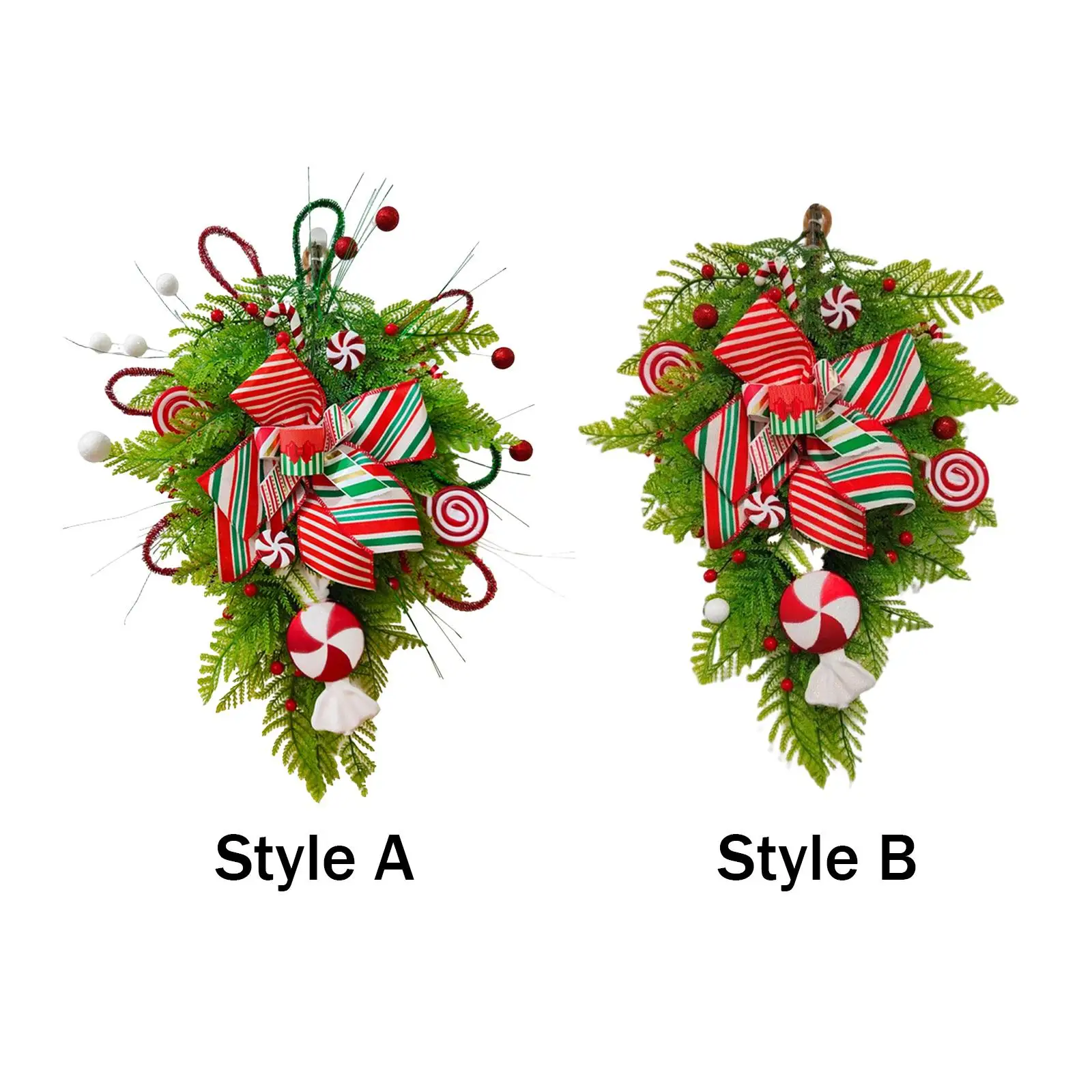 

Winter Christmas Teardrop Wreath with Bowknot & Baubles Wall Door Hanging Christmas Swag for Festival Farmhouse Xmas Decoration