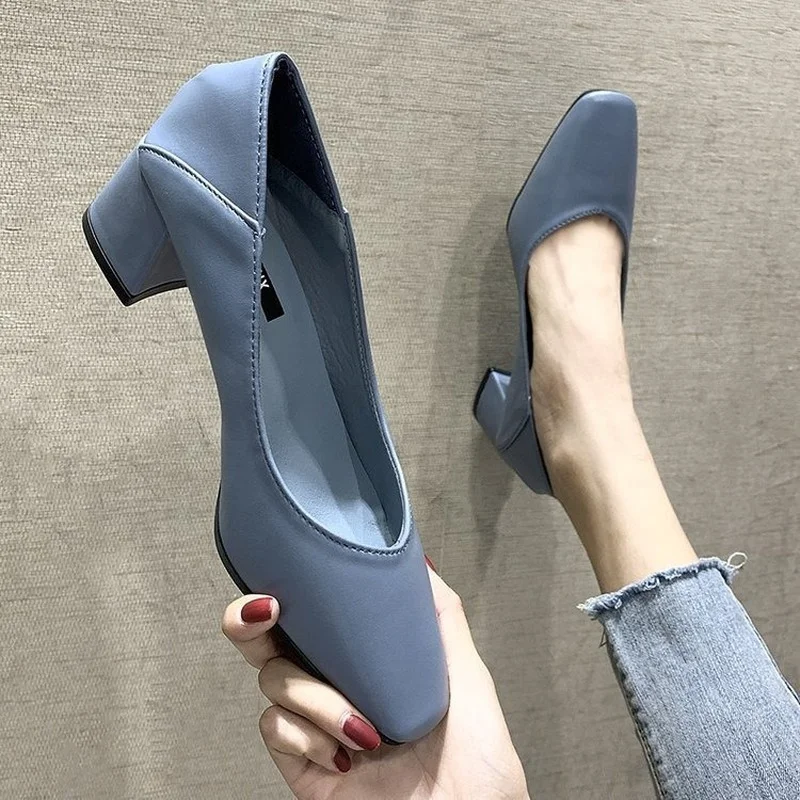 Spring Autumn Blue Women Dress Shoes Square Toe Office Work Shoes Woman Pumps Black Boat Shoes Chunky Heels High Heels Shoes