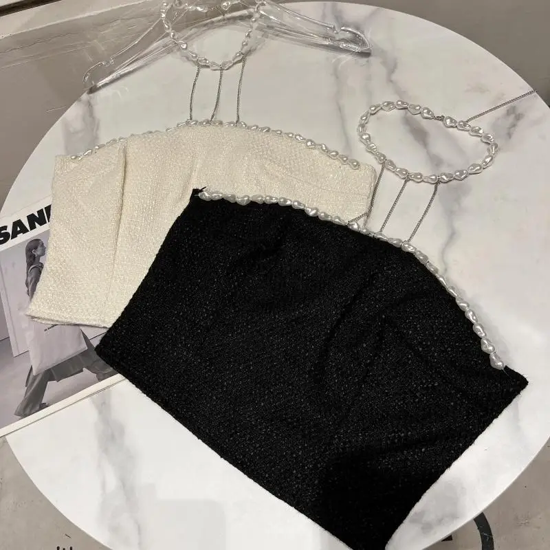 

2022 Summer New Elegant Pearl Halter Collar Tweed Camisole for Women Tube Top Sexy Girls Tank Tops Woman Clothes Girls Camisoles
