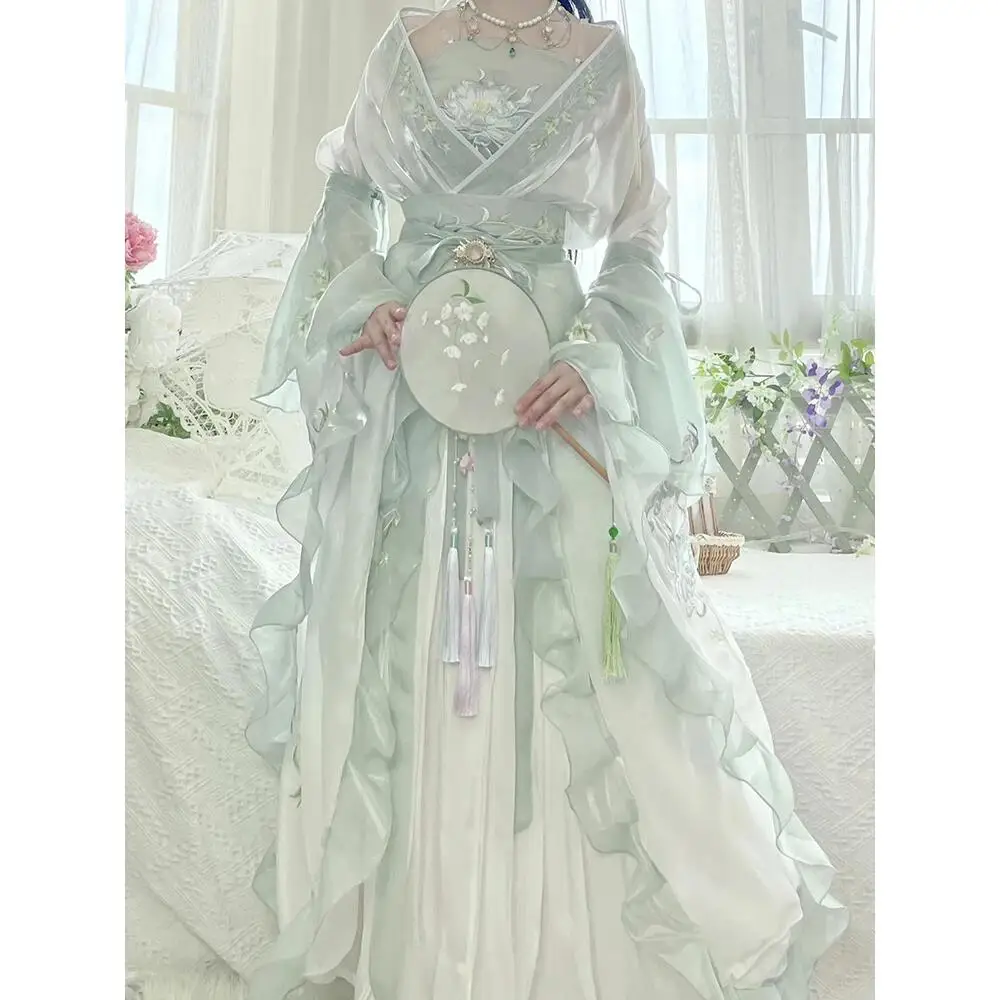 

Summer Chinese Traditional Hanfu Dresses Women Original Improved Green Embroidered Fairy Dance Dress Cosplay Carnival Costumes