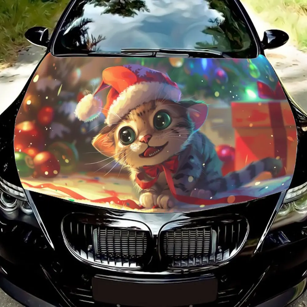 Рождественская атмосфера с принтом кота обертка на капот автомобиля цветная