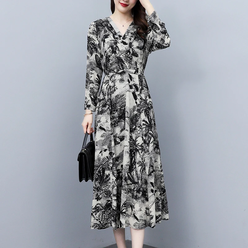 

Chiffon Loose Women Dresses New Fashion Ink Printing V-neck Autumn Long Sleeve Dress A-LINE Mid-Calf Houthion