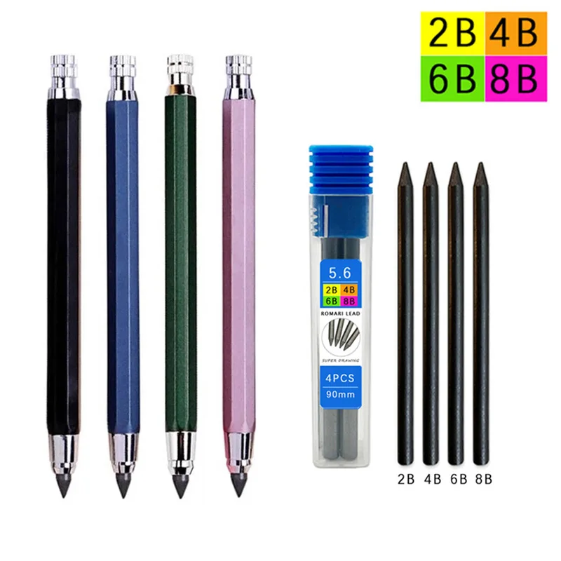 

5.6mm Metal Drawing Pencil with 2B 4B 6B 8B Leads Set Professional Art Sketch Mechanical Pencil Kawaii Stationery