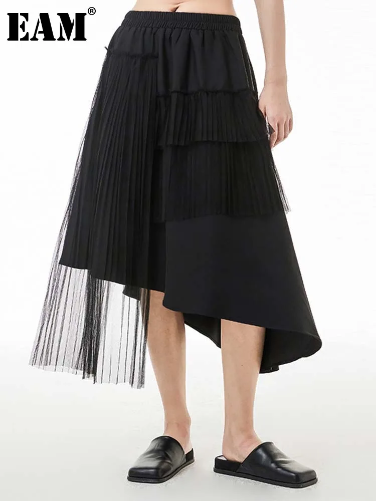 

[EAM] High Elastic Waist Black Mesh Irregular Casual Long Half-body Skirt Women Fashion Tide New Spring Autumn 2022 1DE9181