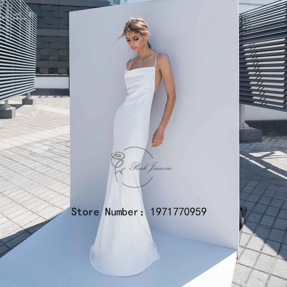 

Sheath Spaghetti Straps Wedding Dresses Sexy Sleevless Court Train Backless Bridal Gowns Simple White Mermaid Vestido De Noiva