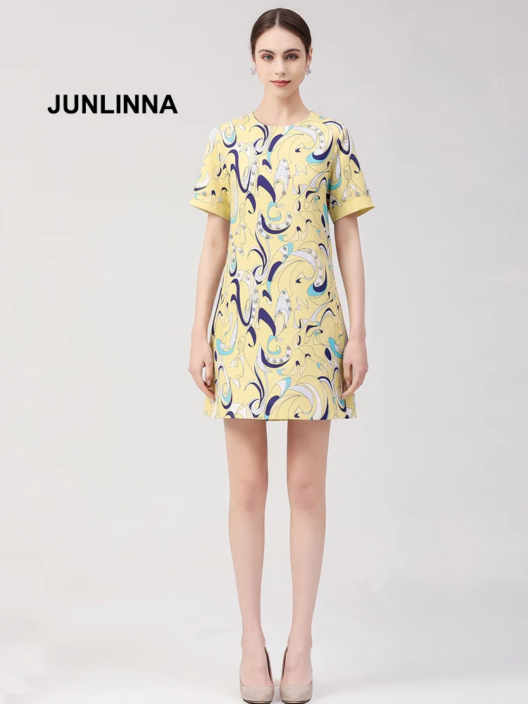 

Женское платье с круглым вырезом JUNLINNA, летнее платье принцессы с коротким рукавом, с принтом и бисером, 2022