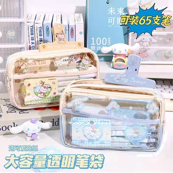 Japanese Cartoon High Appearance Level Cinnamoroll Melody Pen Bag Transparent Three-layer Stationery Bag Kuromi Pencil Case