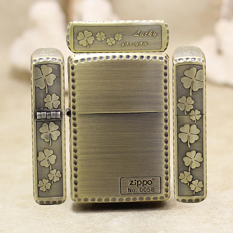 

Genuine Zippo oil lighter copper windproof Bronze Four Leaf Clover cigarette Kerosene lighters Gift anti-counterfeiting code