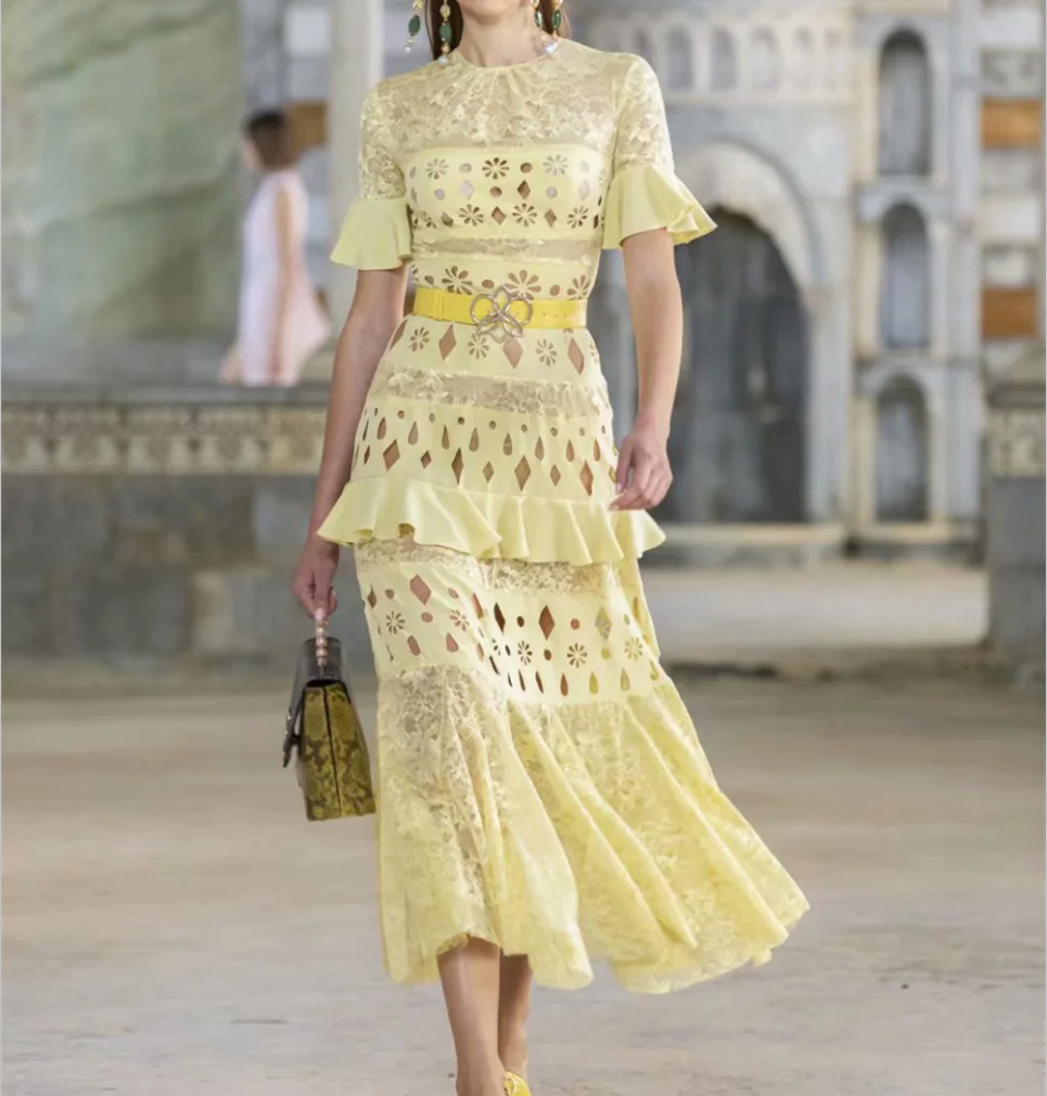 

Женское вечернее платье миди с коротким рукавом, кружевное ажурное платье с каскадными оборками и цветочной вышивкой, лето