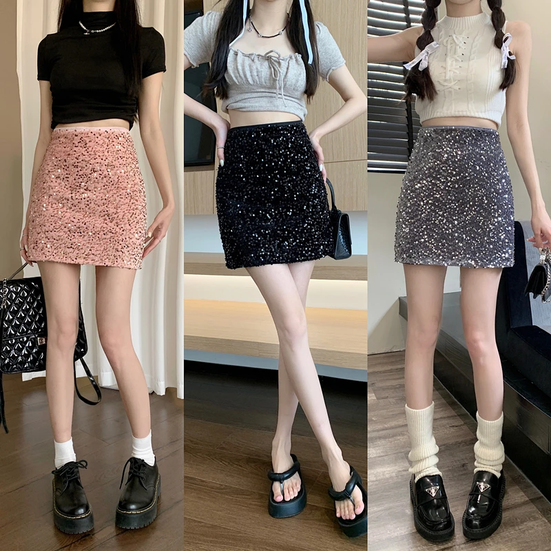 

2023 New Multicolor Glamorous Colorful Sequin Skirts Womens Spring Autumn Nightout Mid Waist Party Bodycon Mini Skirt