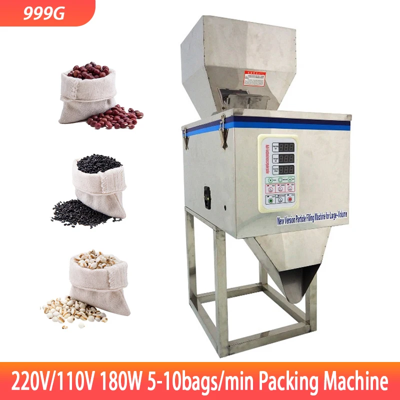 Máquina de llenado de polvo de gránulos de pesaje automático, 999G, té, semillas cuantitativas, sal, arroz con máquina de embalaje en estante