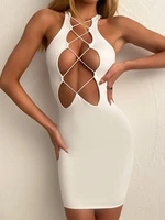 hollow out dresses women sexy sleeveless bodycon dress white black summer new fashion solid color night off shoulder mini dress